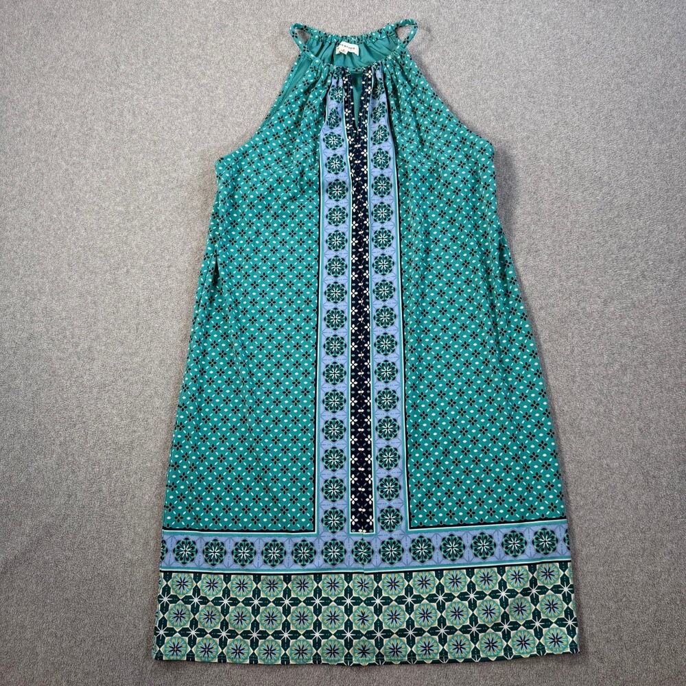 Max Studio Women's Small Halter Neck Shift Dress Teal Green Sleeveless Geometric